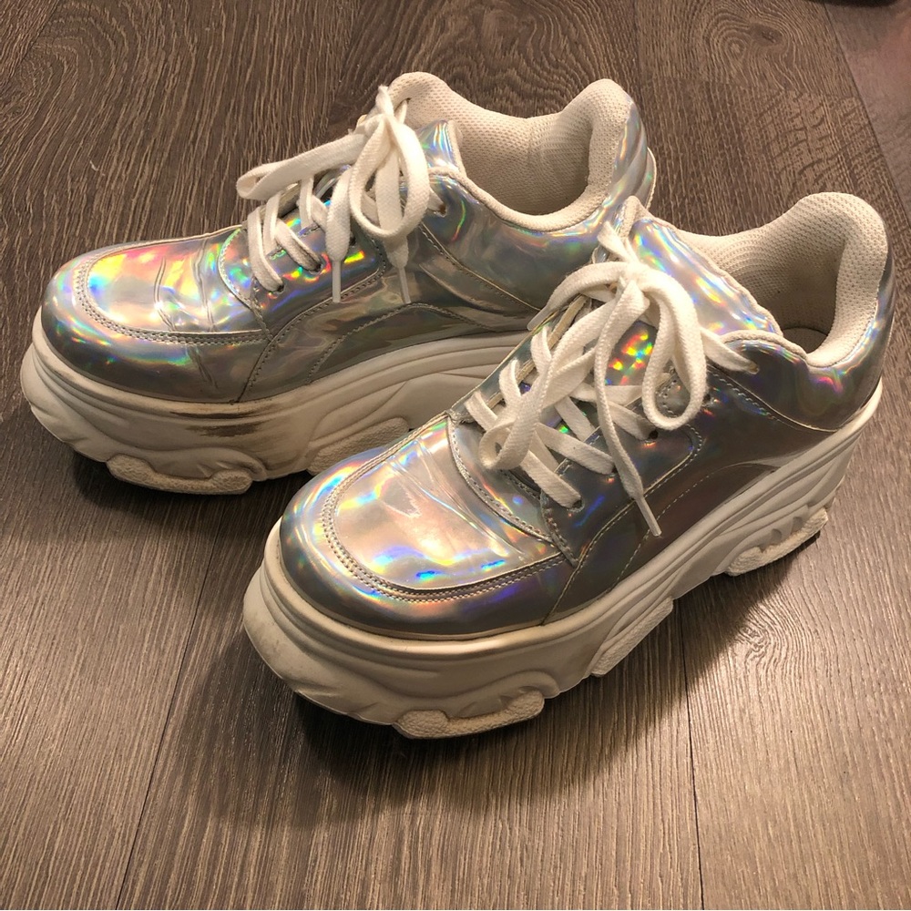 White Silver Holographic Platform Running Shoes, US Women's 7